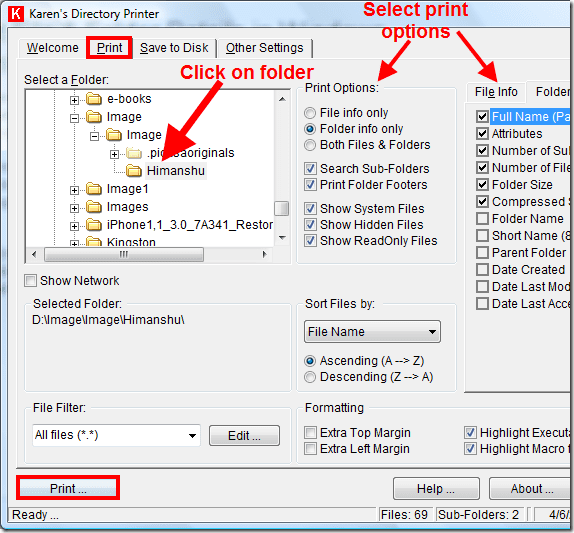 Используйте Karen’s Directory Printer для печати списка файлов и папок в Windows