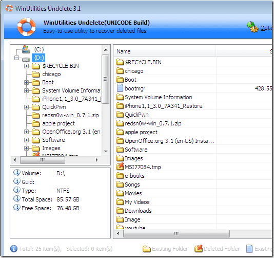 Восстановление удаленных файлов и папок с помощью WinUtilities